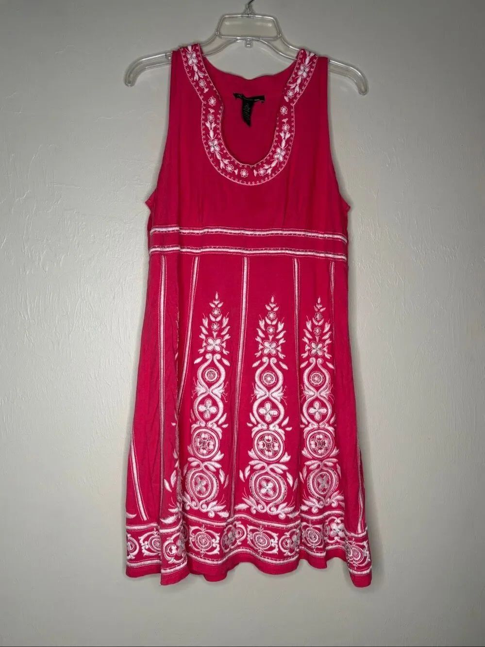 INC International Concepts Pink and White Embroidered Boho Fit & Flare Dress Siz